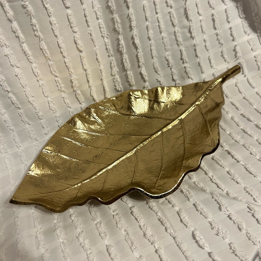 Gold Leaf Decorative Tray Metallic Textured Botanical Catchall Centerpiece 14.5"